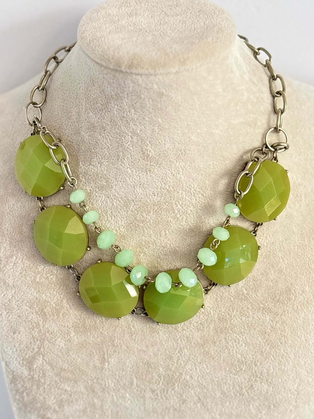 Premier Designs Green Statement Necklace Signed Silver Tone Beaded Necklace
